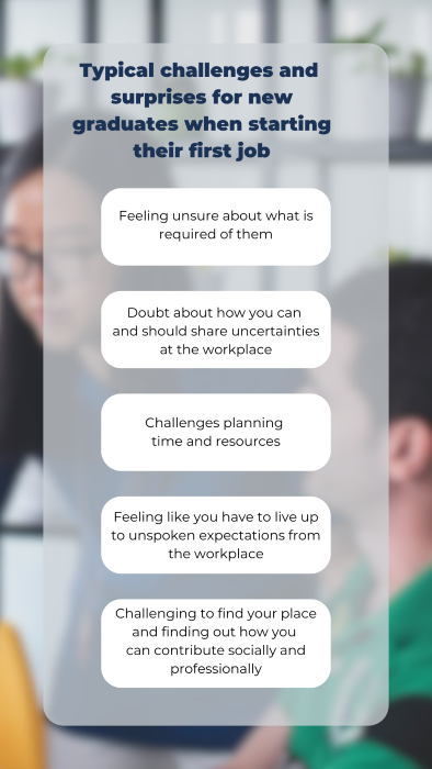 Typical challenges and surprises for new graduates when starting their first job • Many feel unsure about what is required of them • There is a lot of doubt about how you can and should share your uncertainties at the workplace • Planning time and resources is challenging • There is a general feeling of having to live up to unspoken expectations from the workplace • Finding your place and finding out what you can contribute – socially and professionally – is challenging