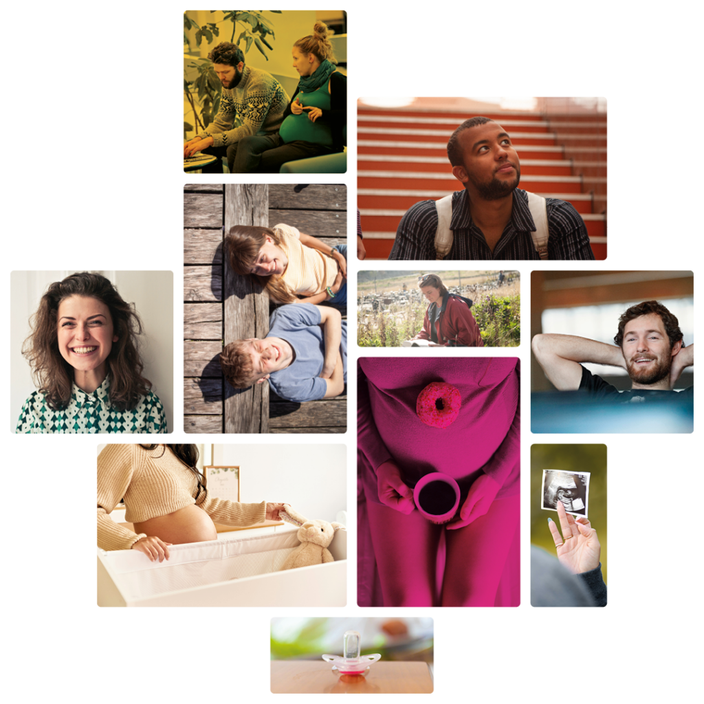 Moasik af forskellige billeder med fokus på barsel