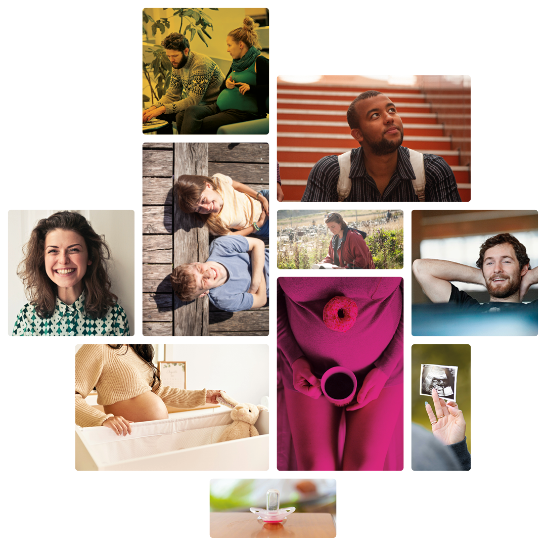 Moasik af forskellige billeder med fokus på barsel